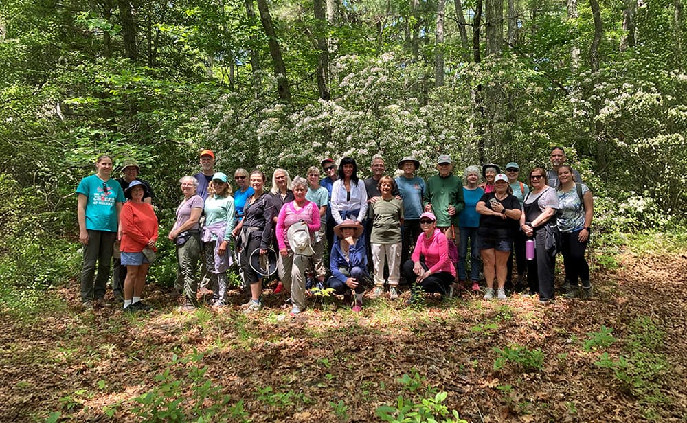 Large group of Westerly Land Trust volunteers gathered in a wooded nature preserve.